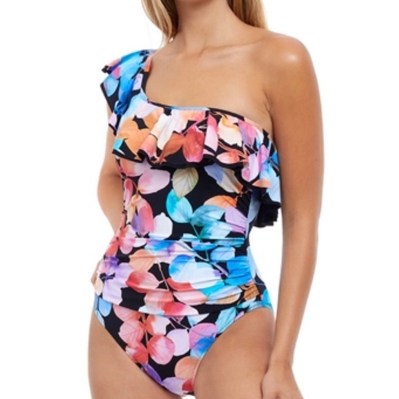 Profile By Gottex Other - NWT Profile by Gottex Color Rush Black Ruffle One Shoulder One Piece Swimsuit 16